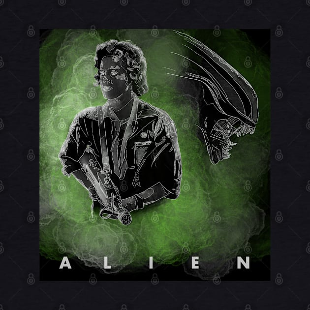 Ripley and alien in fog by Audrey Nagle